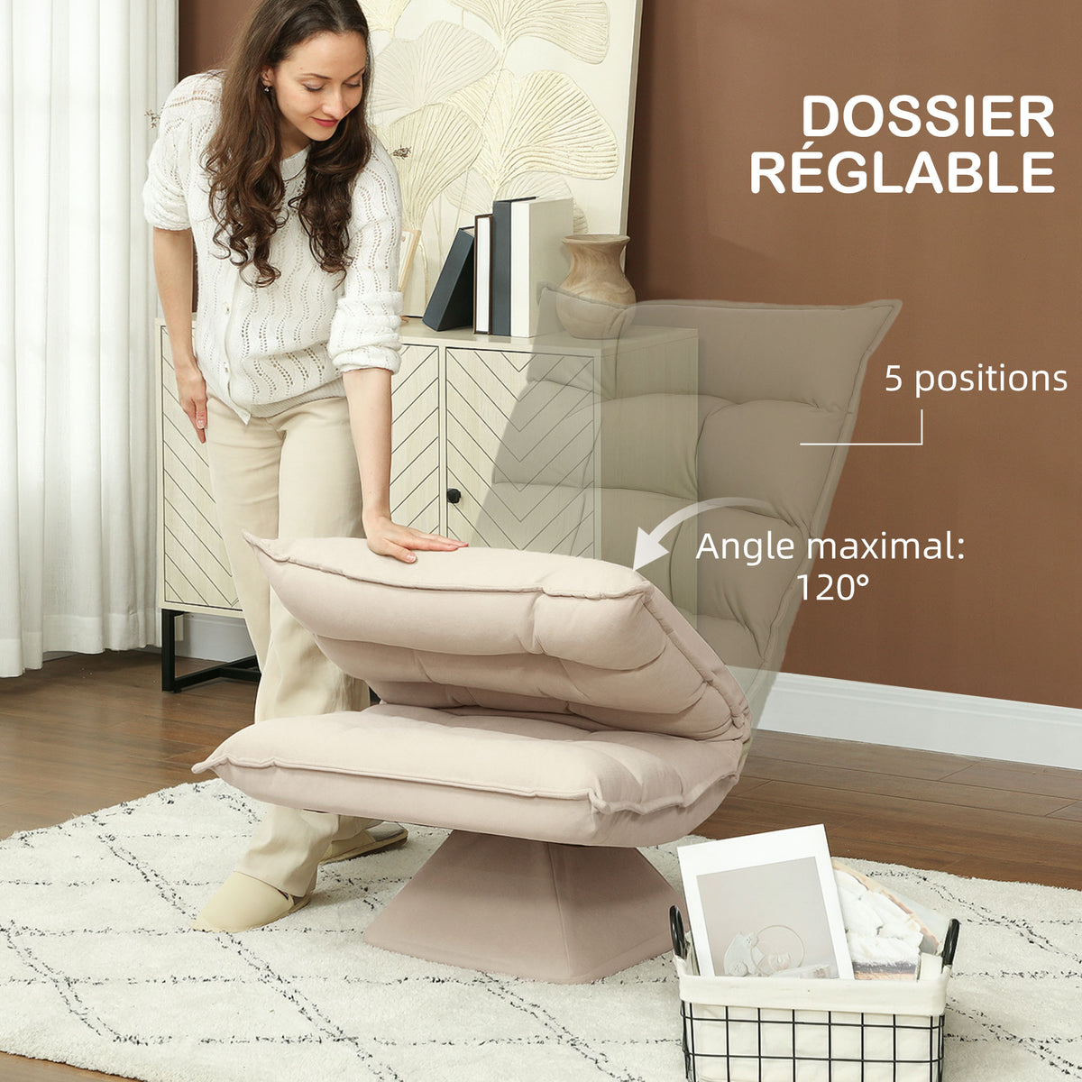 Fauteuil de sol paresseux fauteuil relax design capitonné inclinaison dossier réglable pivotant 360° revêtement lin beige