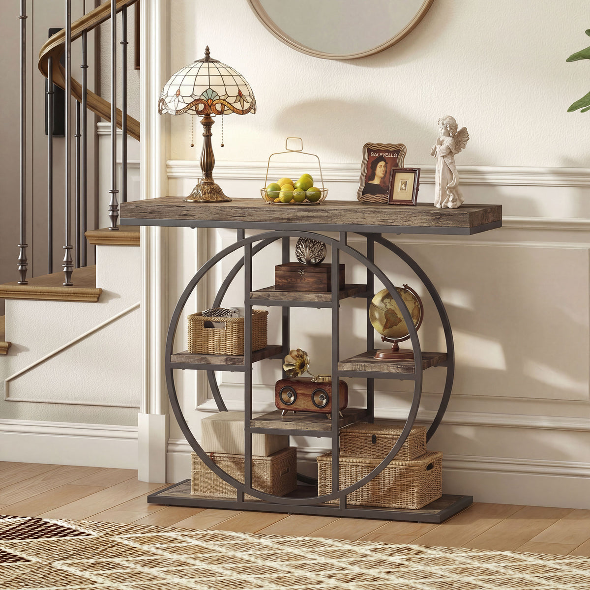 Tavolo Consolle da Ingresso Mobile da Ingresso Industriale 6 Ripiani Piano da 4cm 100 x 30 x 81,5cm Marrone Rustico