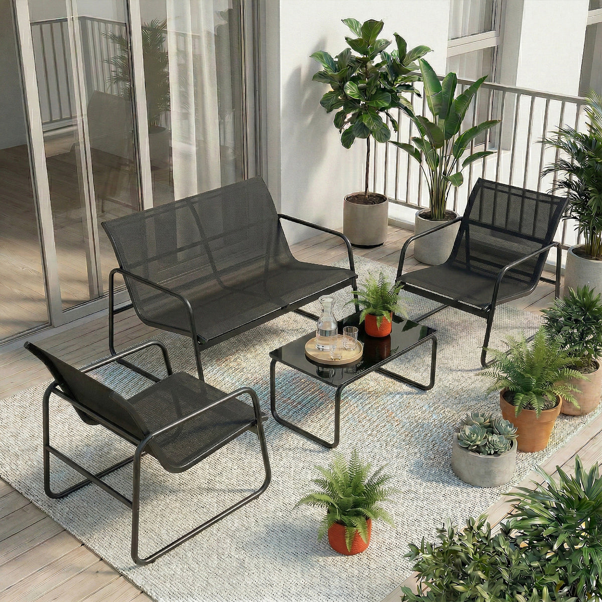 Salon de jardin 4 pièces avec canapé, fauteuils et table basse, gris foncé et noir