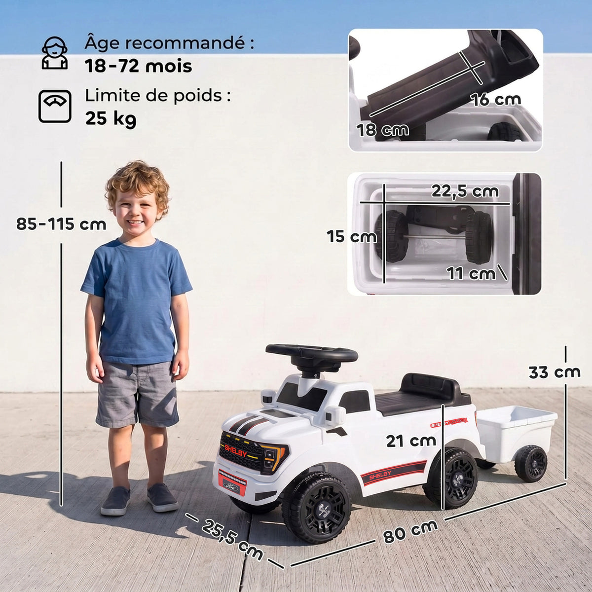 Shelby Ride-On Car for Kids, Backrest, Anti-Tip, Storage Compartment, 18-72 Months, 80x25.5x33cm, White