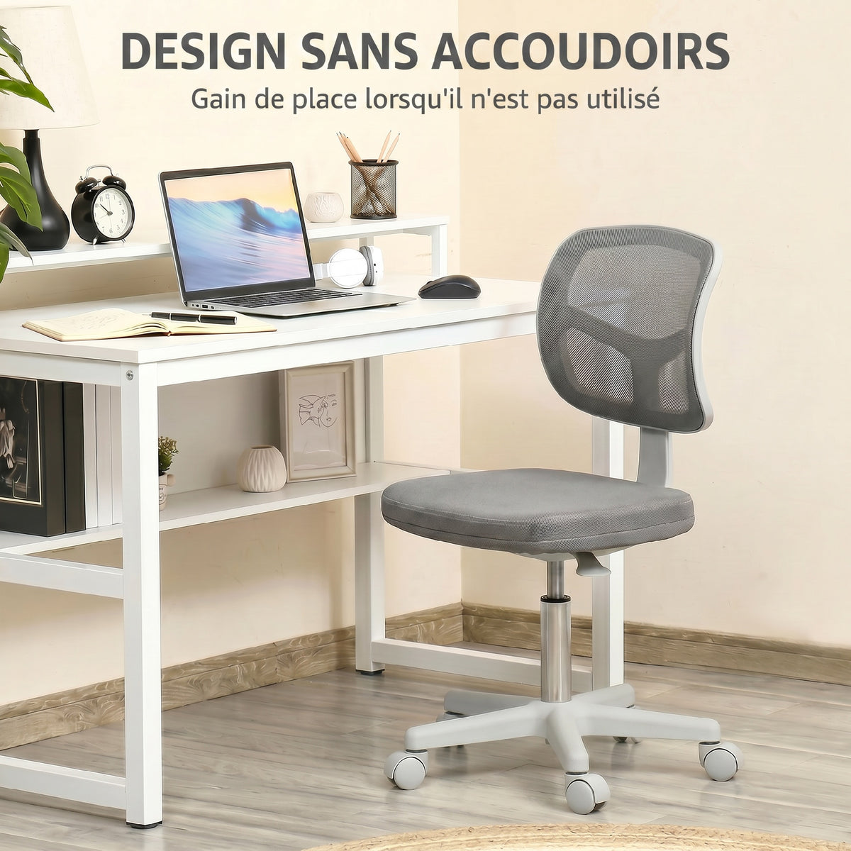 Chaise de Bureau Ergonomique Sans Accoudoirs, Fauteuil de Bureau Pivotant, Dossier Courbé en Maille et Roulettes, Gris