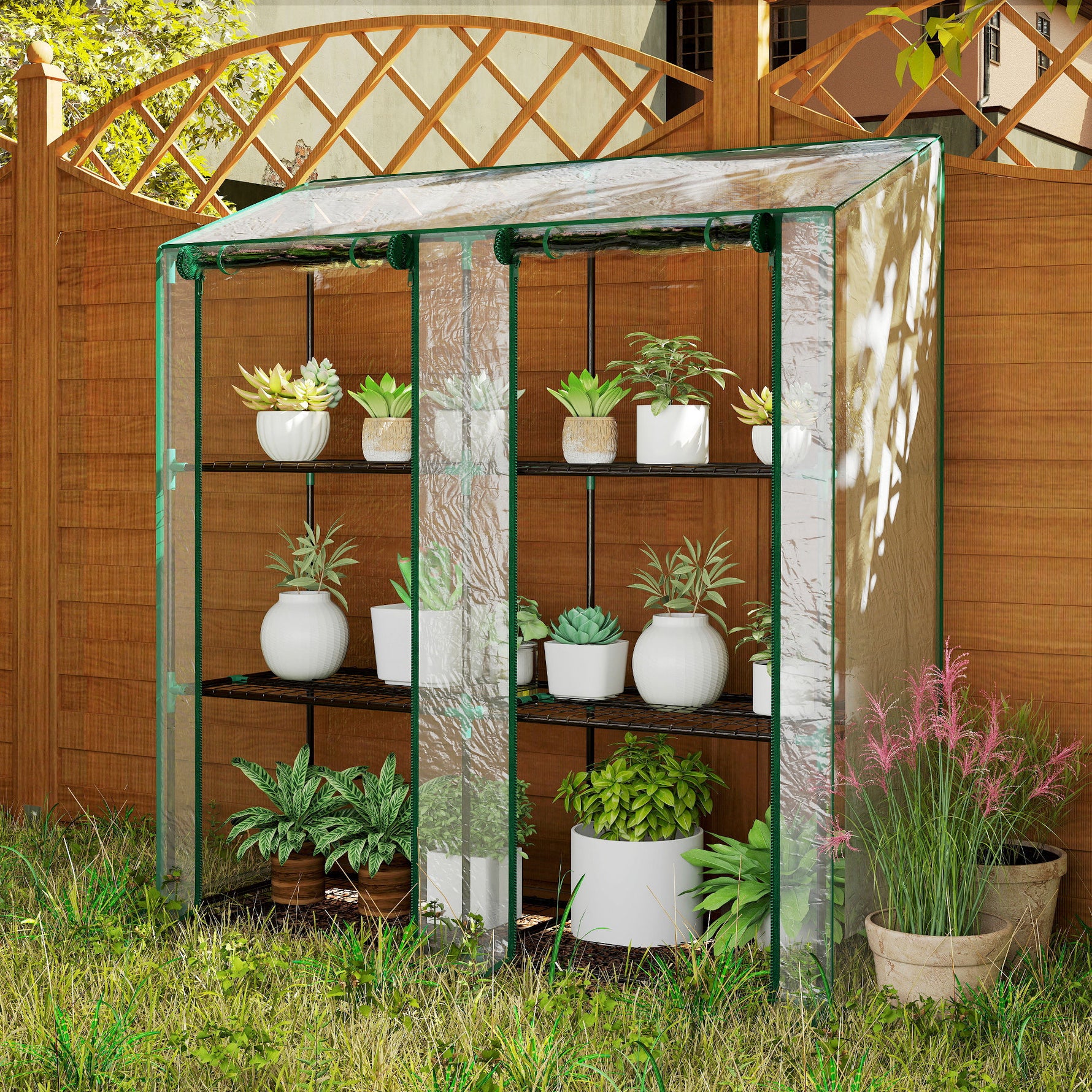 Mini serre de jardin 3 niveaux avec bâche en plastique, 2 portes enroulables, 6 étagères, dim. 143L x 46l x 141/151H cm