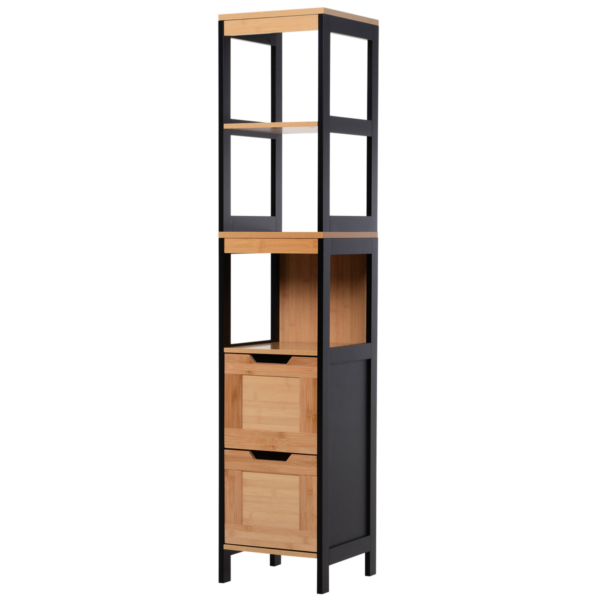 Colonna da bagno portaoggetti stile accogliente dim. 30L x 30P x 144A cm 3 ripiani 2 cassetti Bambù Nero