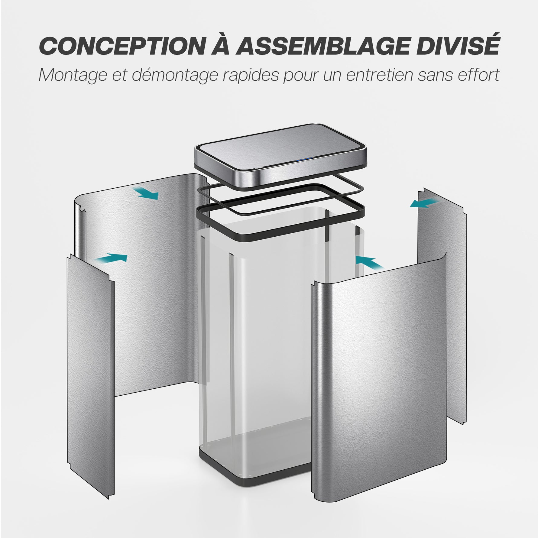 Poubelle à capteur 60 L avec couvercle à fermeture douce, poubelle de cuisine automatique en acier inoxydable, argenté
