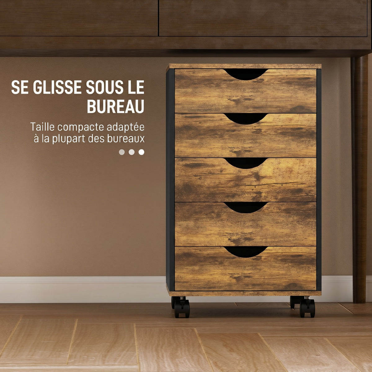 Caisson bureau mobile, meuble rangement sur roulettes avec 5 tiroirs, bois, 40 x 40 x 67 cm, marron