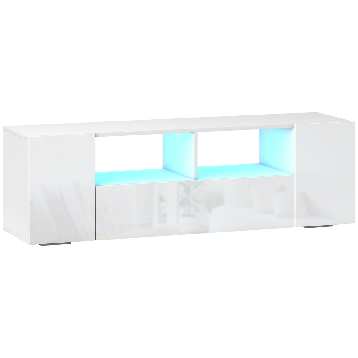 Meuble TV, banc TV, meuble de télévision, jusqu'à 60 pouces, avec lumières LED, 2 étagères et placards, panneau de porte brillant, 137 x 35 x 42 cm, blanc