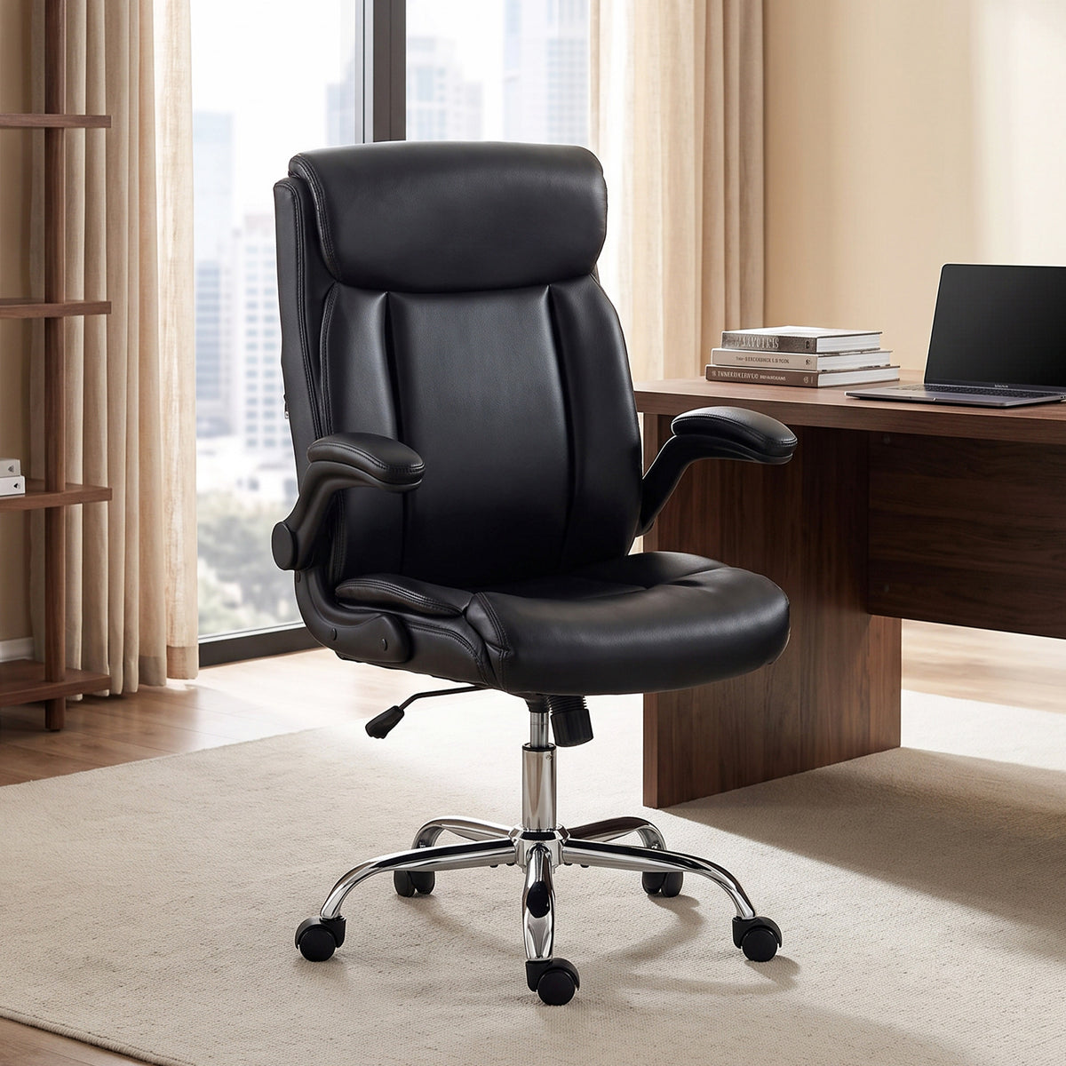 Chaise Bureau Ergonomique avec Accoudoirs Relevables, Fauteuil de Bureau en PU, Hauteur Réglable, Fonction Bascule, Noir