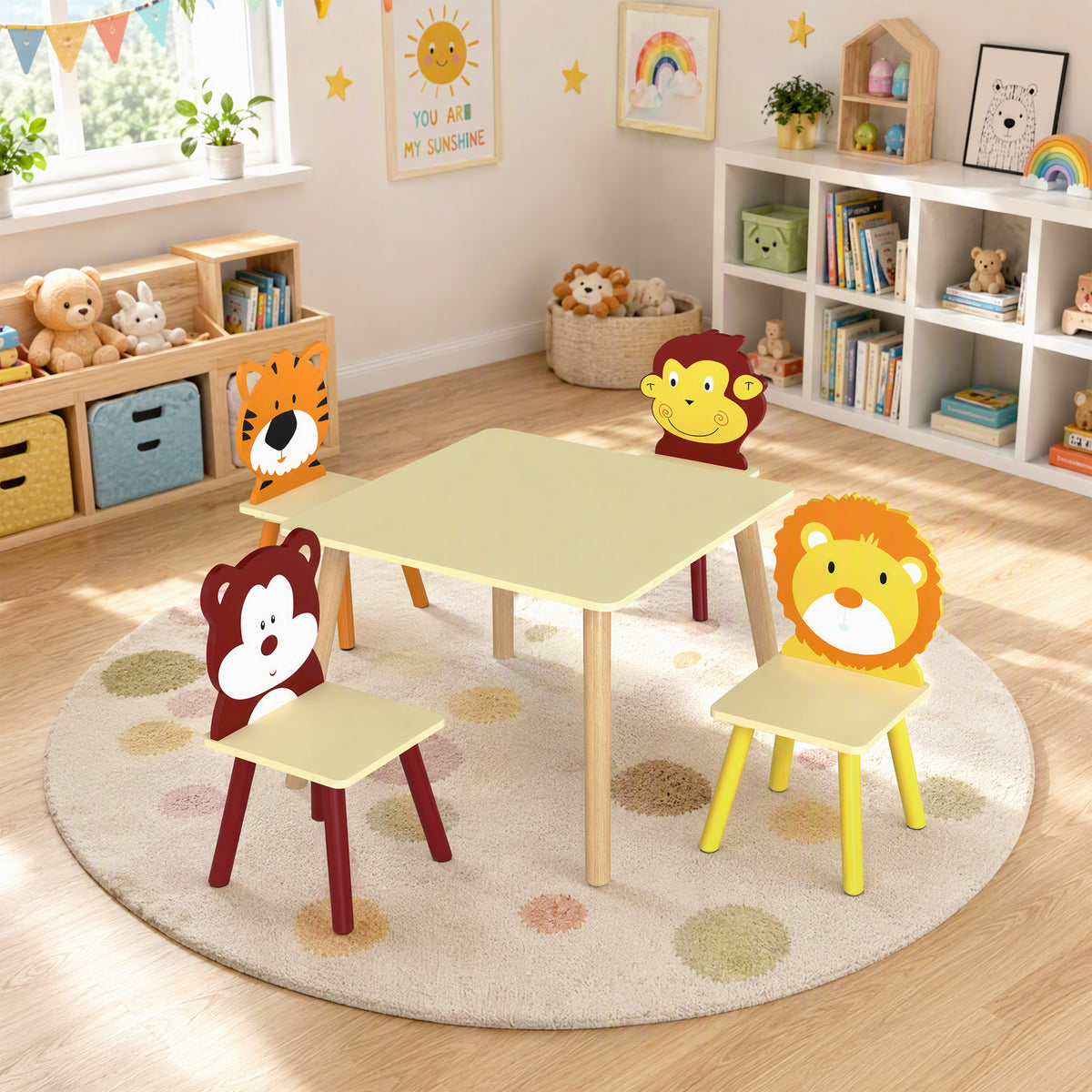 Kinderkamertafelset met 4 stoelen, 5-delig houten meubelset, rugleuningen in diervorm, afgeronde hoeken, 3-8 jaar, geel