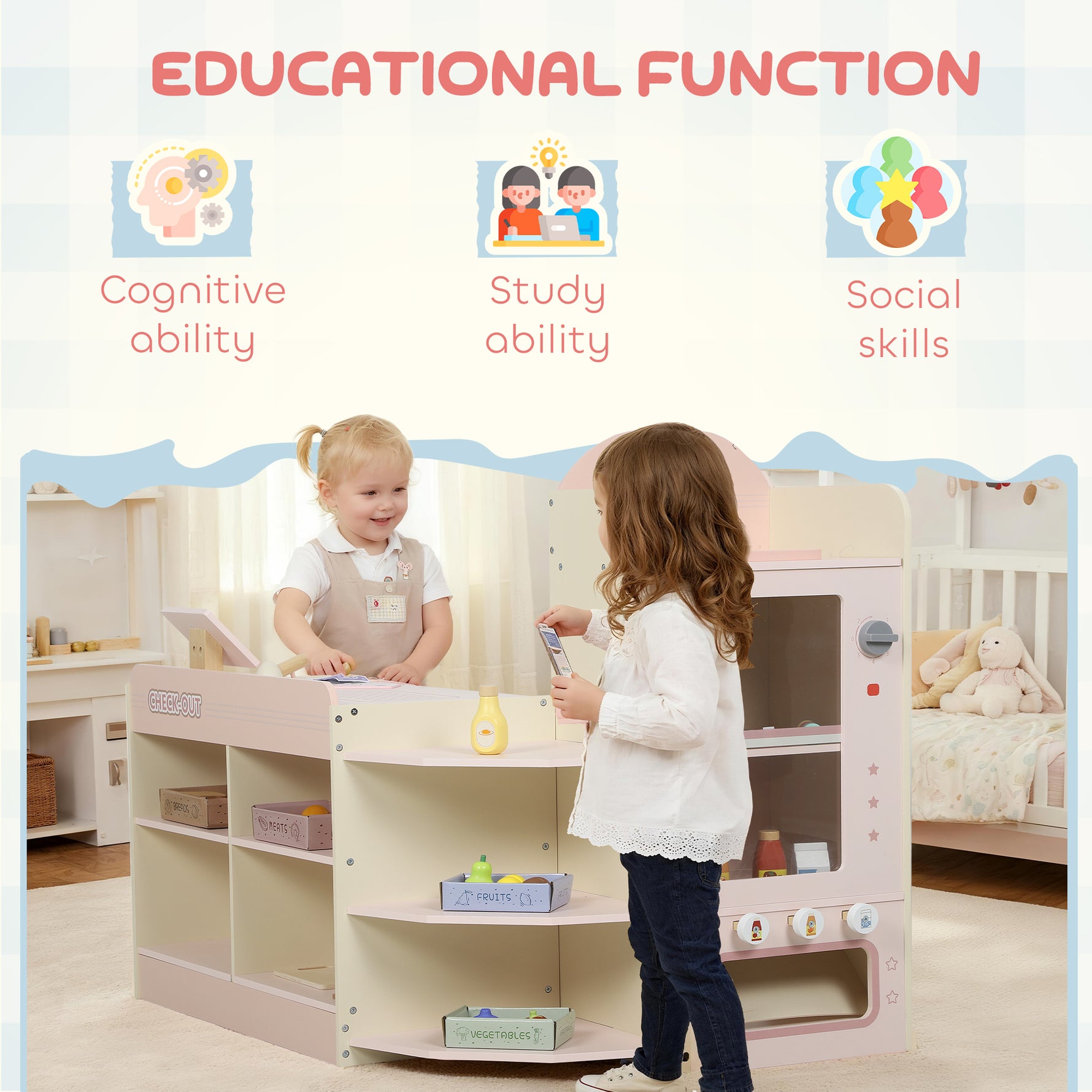 Supermarché pour enfant, marchande en bois, caisse enregistreuse, distributeur et accessoires, 90,7x60x73,8cm, vert
