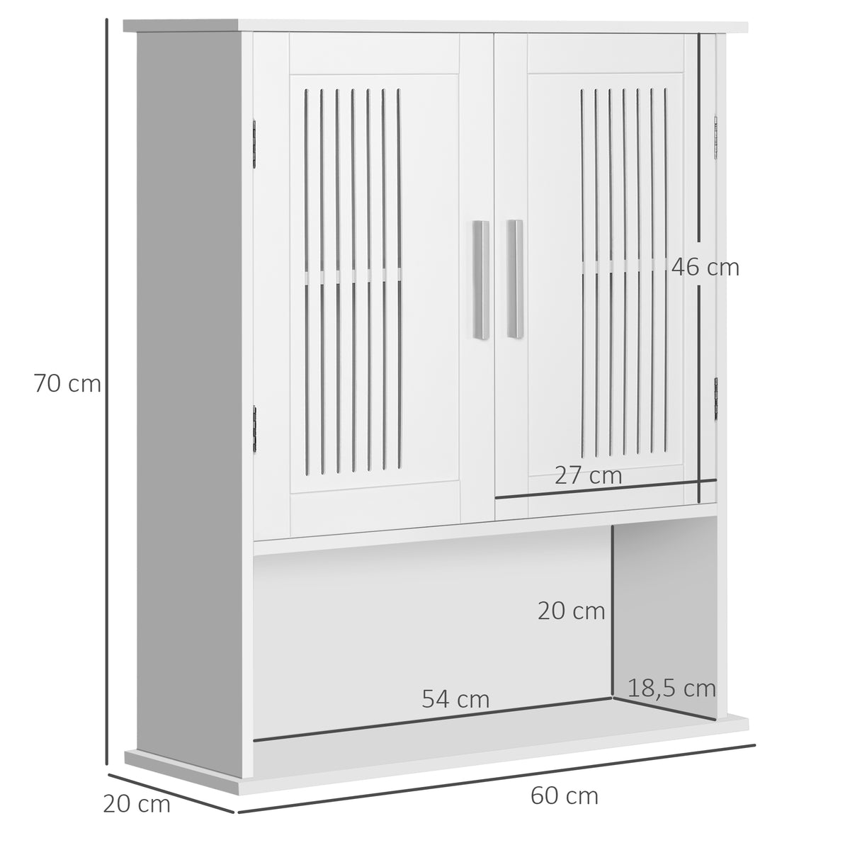 Wandschrank, Badezimmermöbel mit verstellbarem Einlegeboden, Doppeltür und offenem Fach, 60 x 20 x 70 cm, weiß
