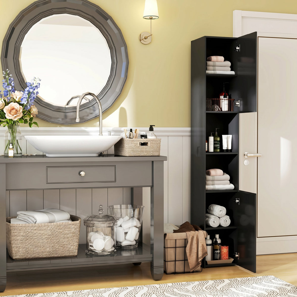 Meuble colonne de salle de bain 2 placards avec étagères réglables + 2 niches 30 x 30 x 181,5 cm noir