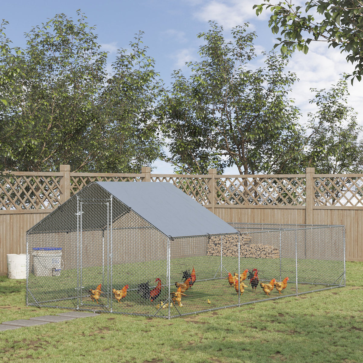 Enclos poulailler parc grillagé extérieur 18 m² chenil volière espace couvert acier galvanisé 6 x 3 x 1,95 m-1