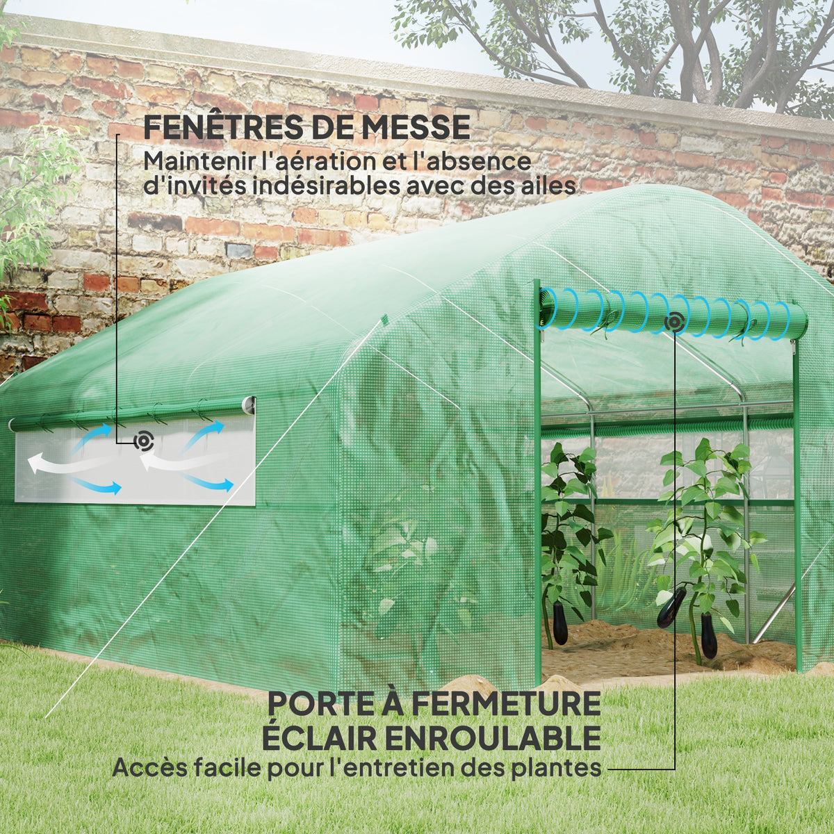 Serre de jardin 4 x 3 x 2m avec portes enroulables et grandes fenêtres, serre tunnel de jardin, vert