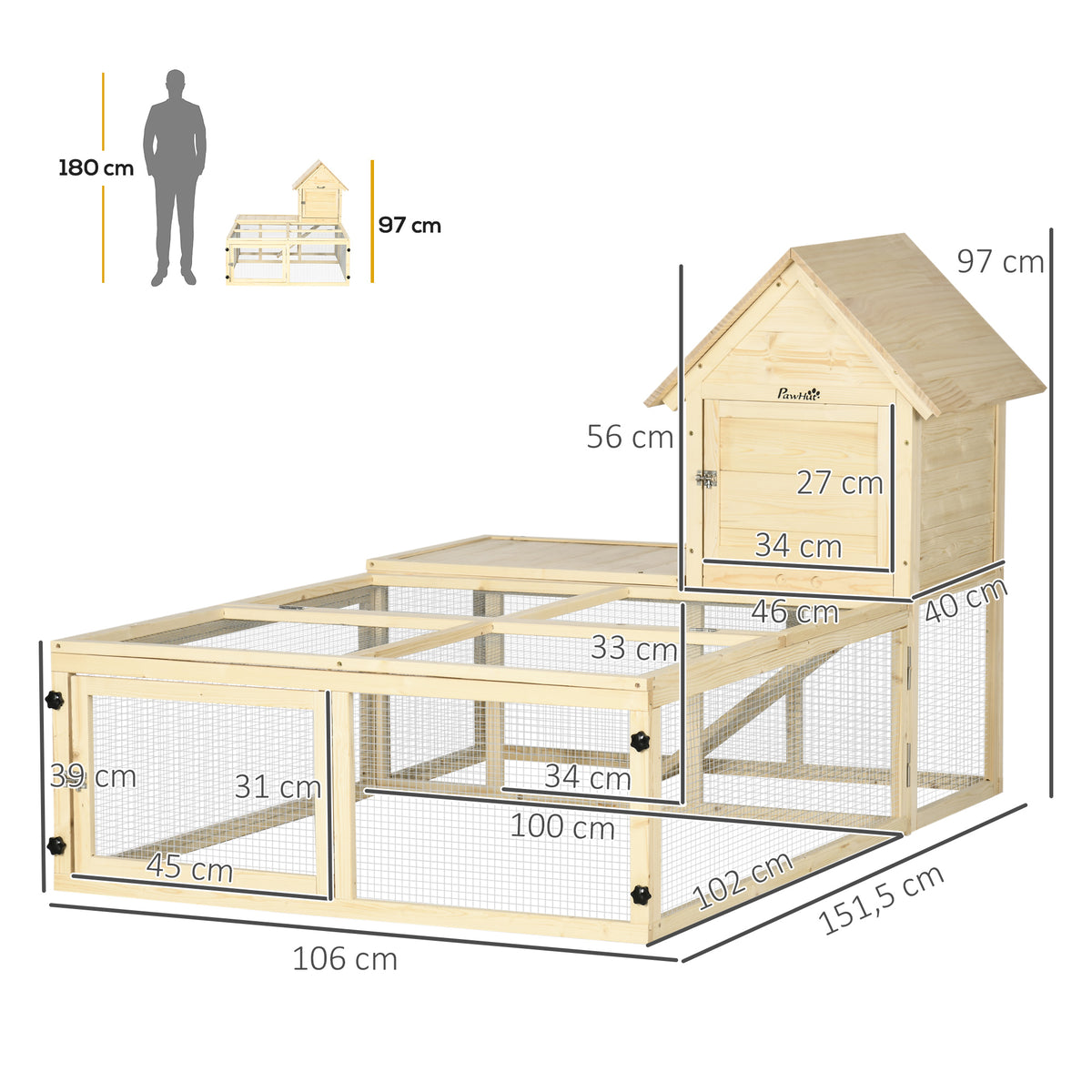 Conejera de madera con recinto para animales, villa para conejos de 2 niveles con área de juego, rampa y puertas con cerradura