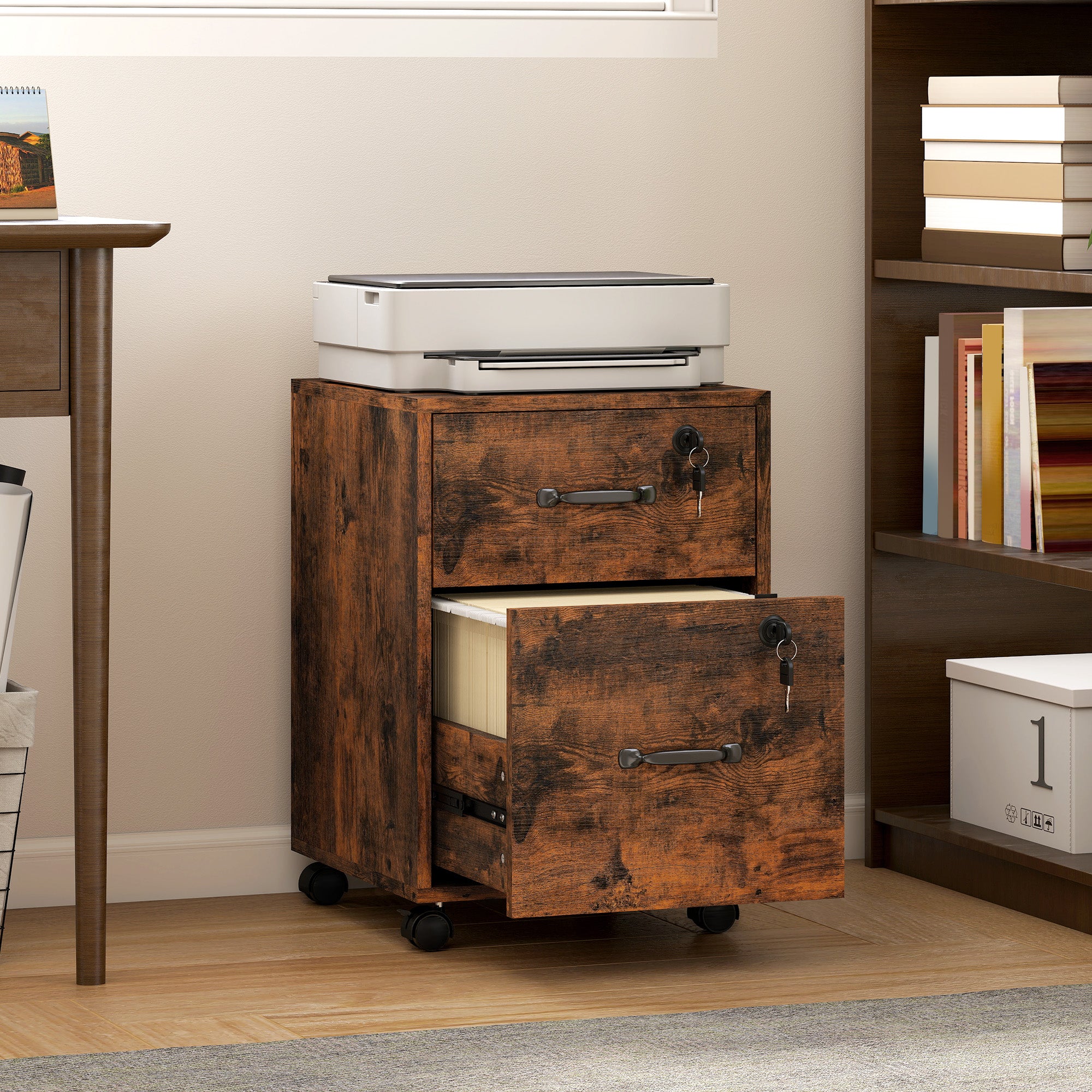 Caisson bureau mobile à 2 tiroirs, meuble rangement bureau sur roulettes pour documents suspendus format lettre, marron