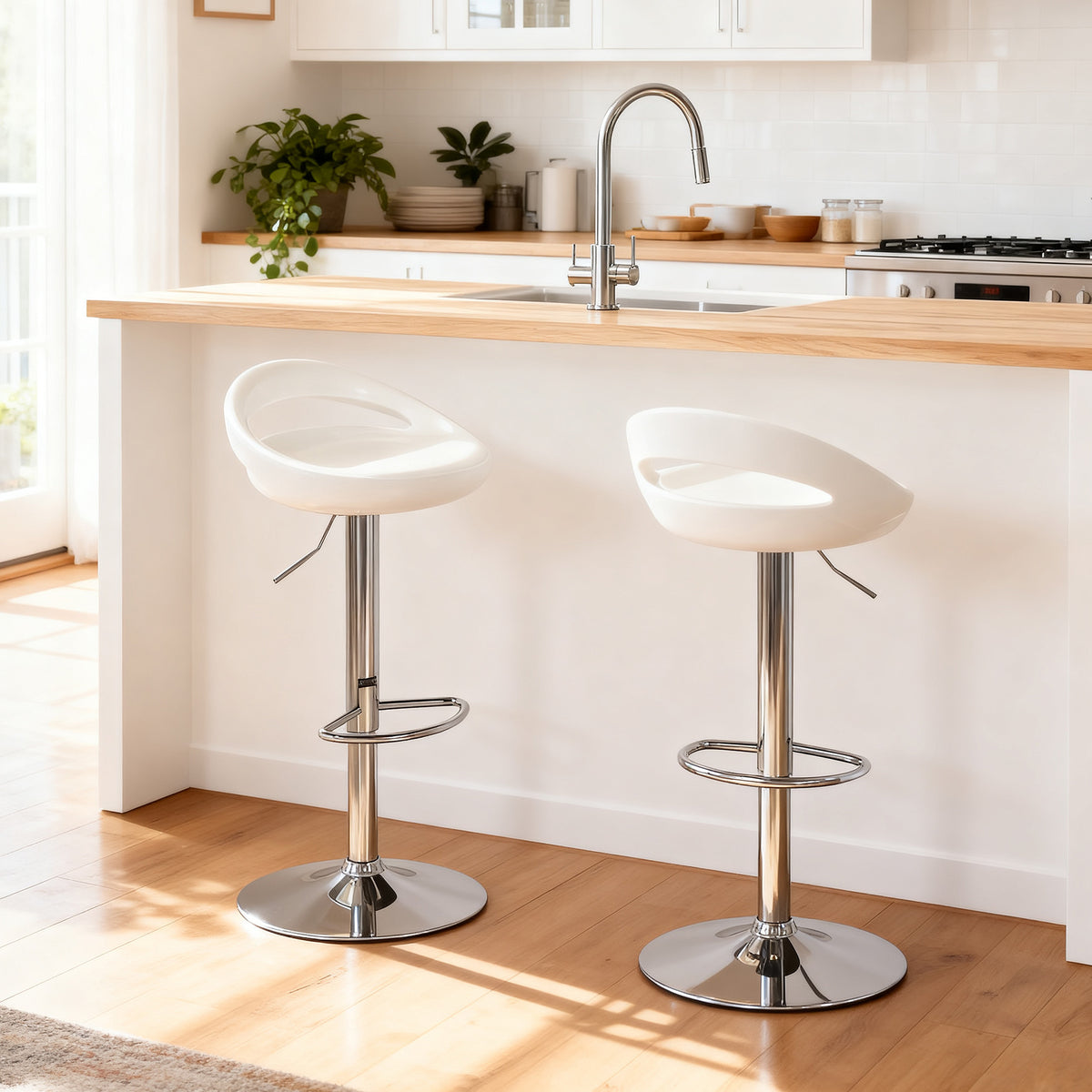 Lot de 2 tabourets de bar chaises de bar hauteur réglable dossier et repose-pieds pivotant à 360° 46x41x76-96cm blanc