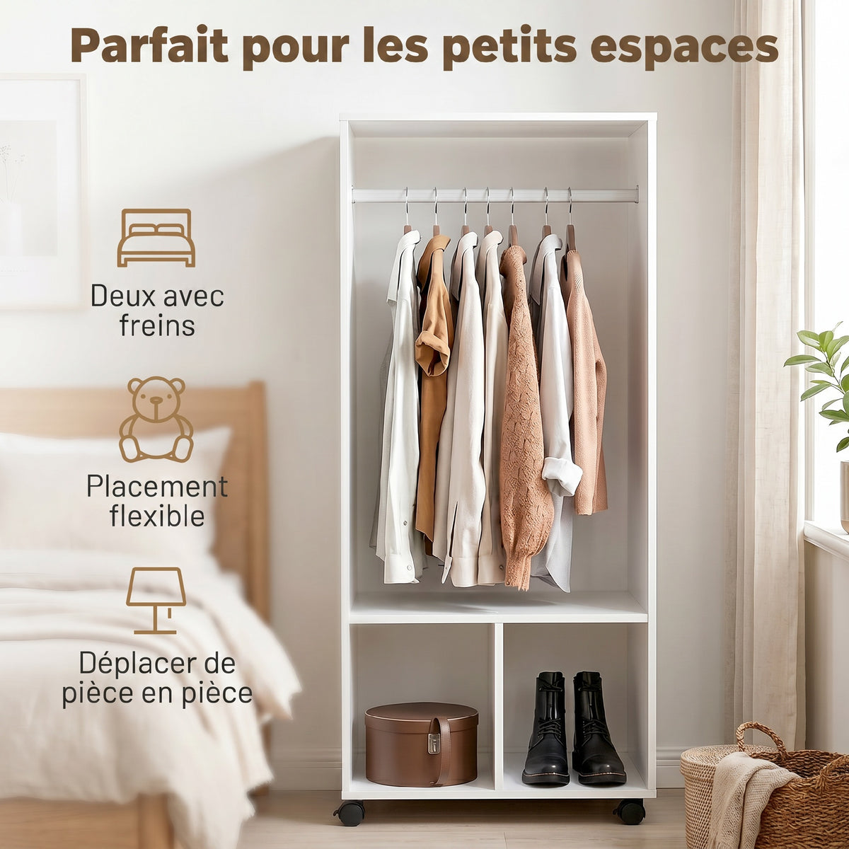 Armoire penderie étagère 2 niches 4 roulettes pivotantes dim. 60L x 40l x 128H cm Blanc