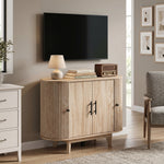 Buffet salon, meuble de rangement ovale avec 4 portes et étagère réglable, 90 x 40 x 76 cm, chêne