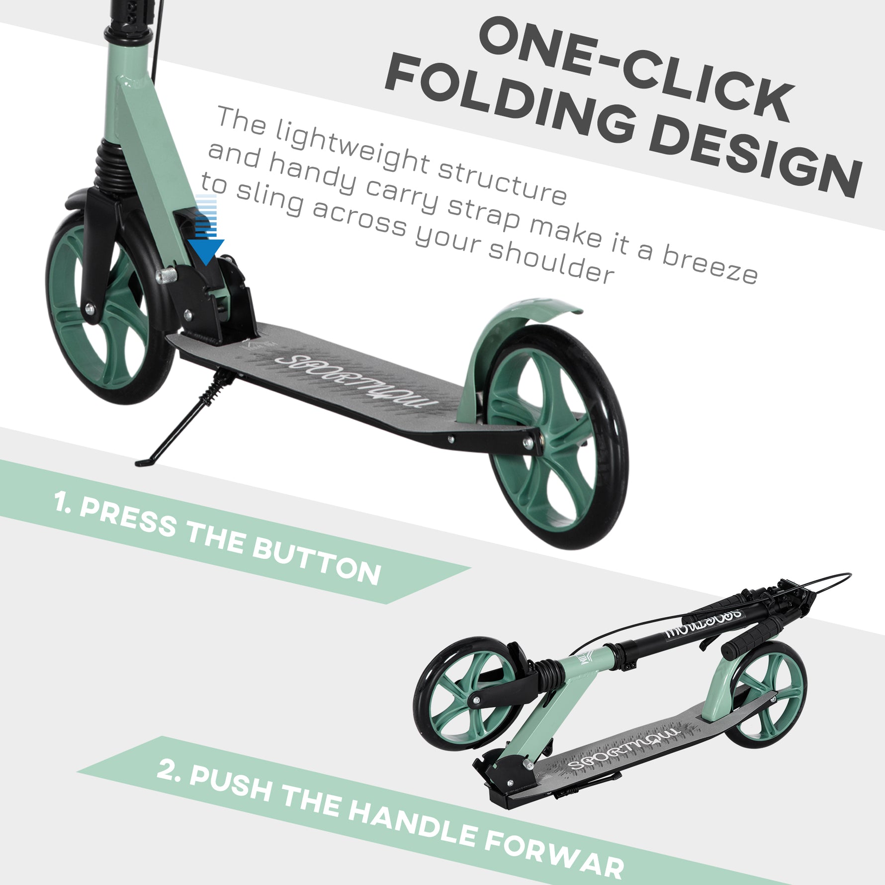 Trottinette pliable pour adultes +14 ans avec guidon réglable grandes roues de 20 cm amortisseur vert