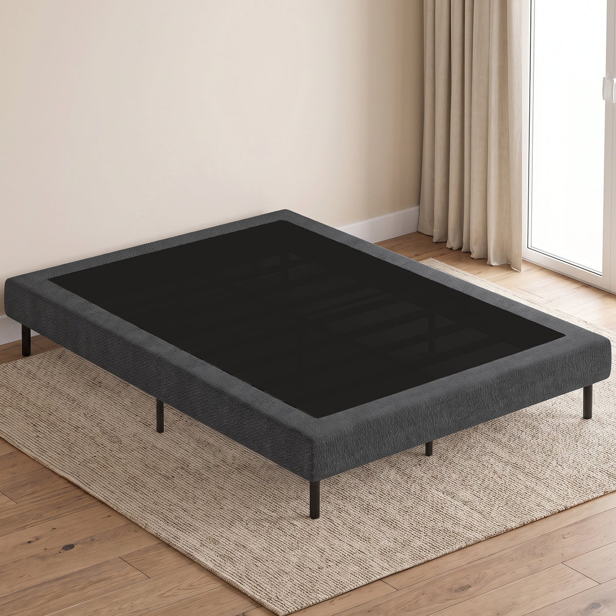 Sommier Tapissier 140x190 cm, Cadre de Lit avec Revêtement en Chenille, 10 Lattes Bois, 9 Pieds Stables, Gris