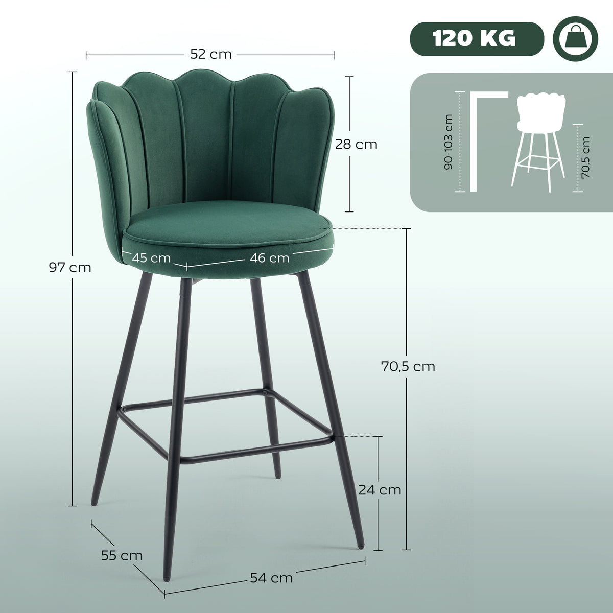 Lot de 2 tabourets de bar, chaises de bar avec dossier et repose-pieds, pieds en acier, 54 x 55 x 97 cm, vert foncé