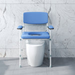 Silla de inodoro con orificio multifunción, cubo extraíble, altura regulable, con respaldo, asiento y reposabrazos acolchados azules