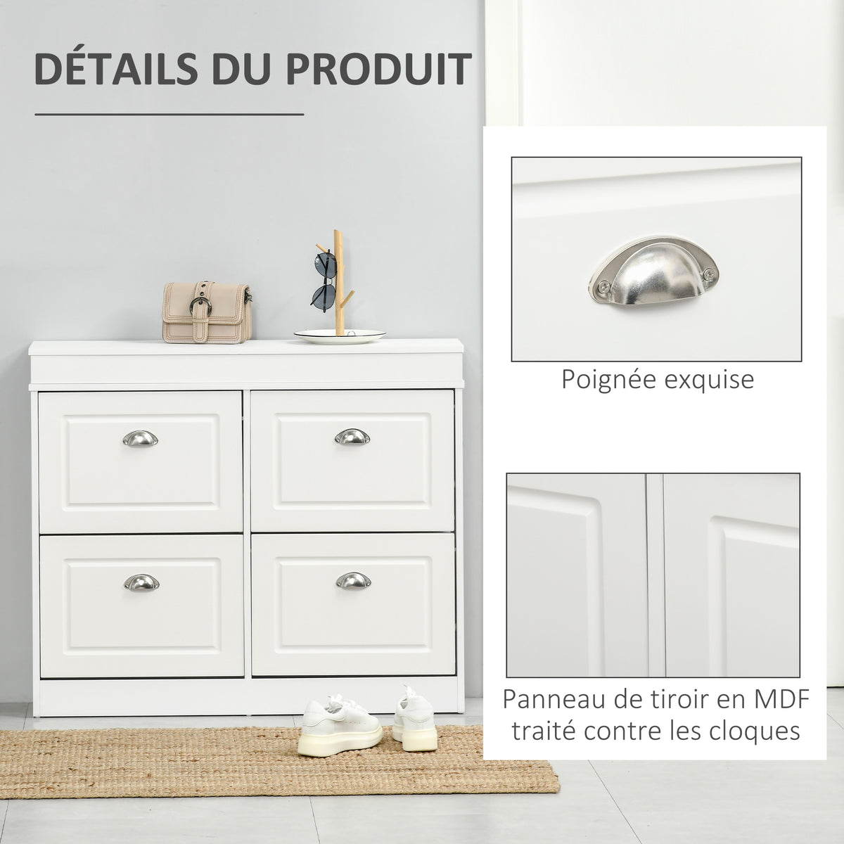 Schuhschrank Schuhkipper Schuhaufbewahrung Maße 98L x 24B x 83H cm 4 Klappfächer doppelreihig MDF Weiß