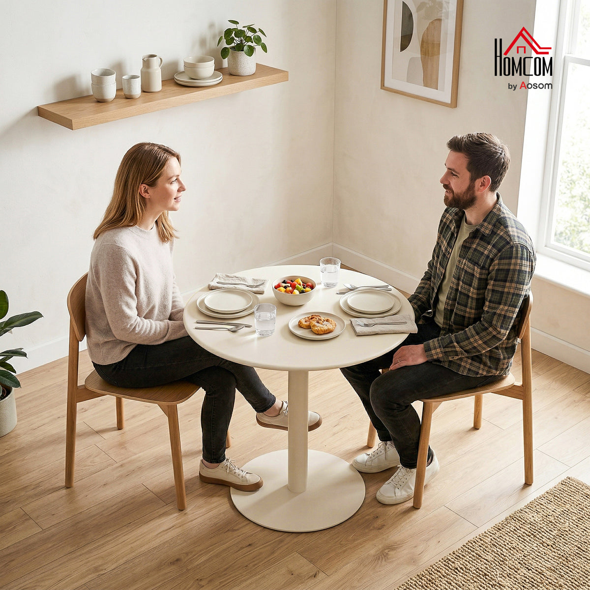 Tavolo da Pranzo Rotondo per 2 Persone Ø60 cm, Moderno con Base Rotonda, Struttura in Acciaio, per Interni ed Esterni, Beige