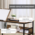 Table à dessin inclinable bureau informatique design industriel - plateau relevable, étagère - panneaux particules aspect vieux bois métal noir