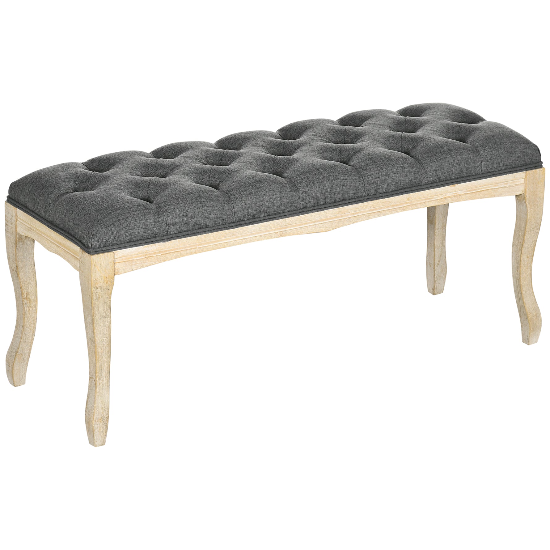 Banc Banquette capitonnée Style Classique 110 cm Bout de lit Rembourrée en lin piètement Bois hévéa sculpté Lin Gris