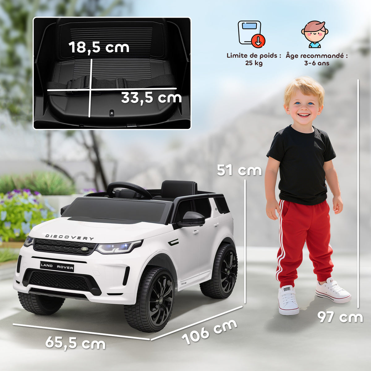 Voiture électrique pour enfants Land Rover Discovery Sport, 12V avec télécommande, lumières LED, pour 3-6 ans, blanc