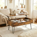 Table Basse Relevable en Bois avec Grand Rangement Caché, Hauteur Réglable, 95 x 50 x 40 cm, Marron Rustique