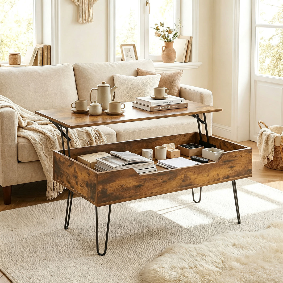 Table Basse Relevable en Bois avec Grand Rangement Caché, Hauteur Réglable, 95 x 50 x 40 cm, Marron Rustique