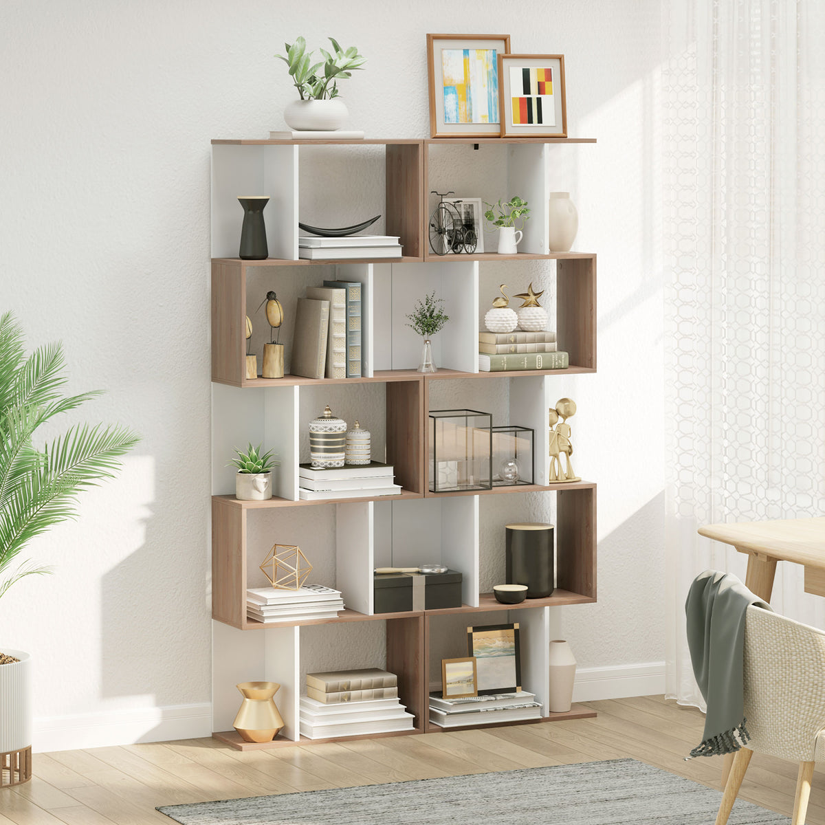 Bibliothèque à 5 niveaux, meuble de rangement en forme de S avec étagères, étagère de rangement blanc