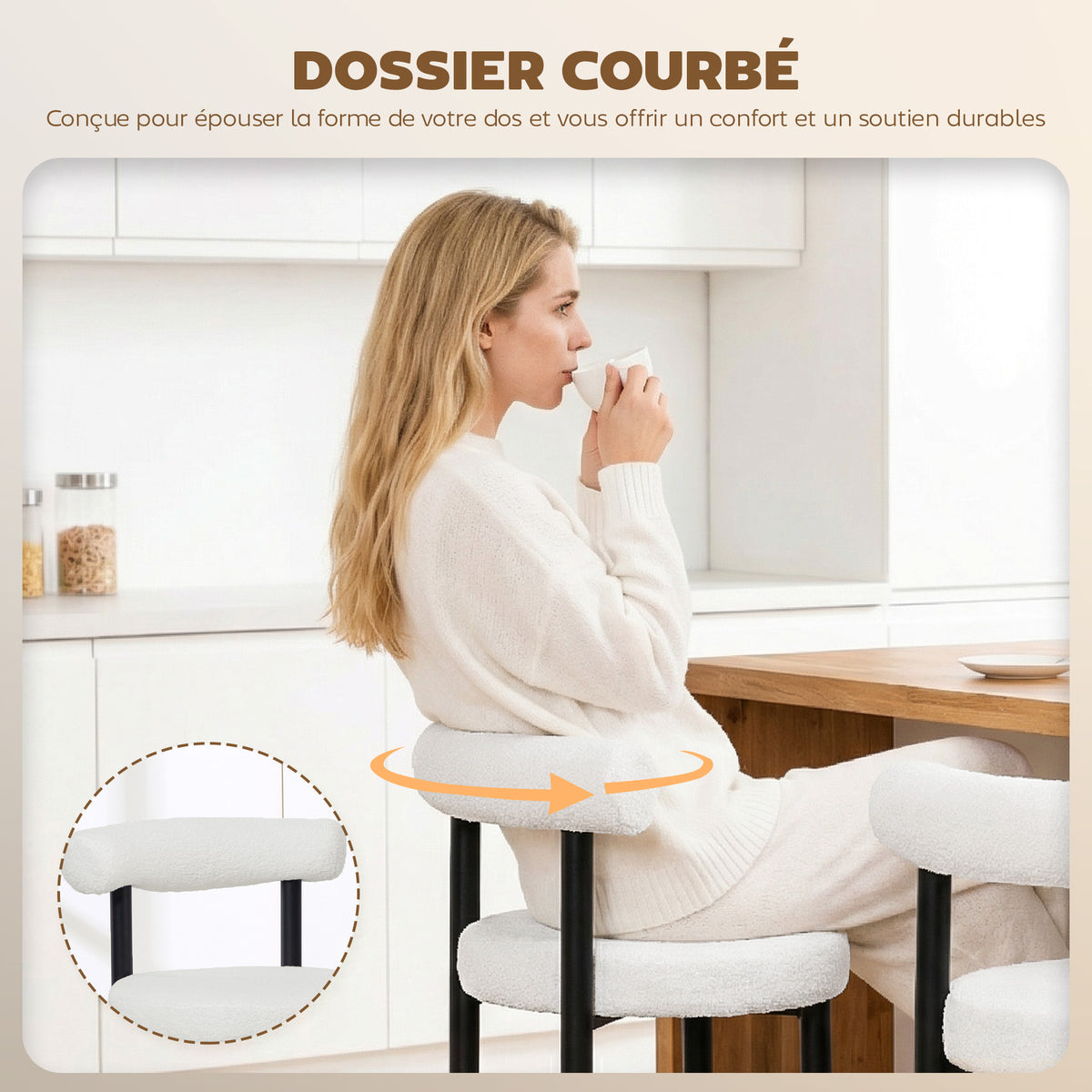 Lot de 2 tabourets de bar, chaises de bar en tissu bouclette avec dossier incurvé, repose-pieds, 50x52,5x98cm, blanc