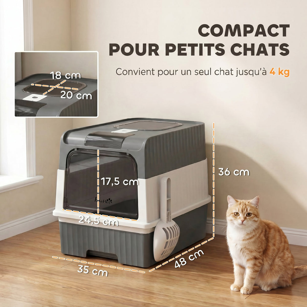 Kattentoilet met deksel, ingangen, uitschuifbare lade, schepje, geurzakjes, 48x35x36cm, grijs