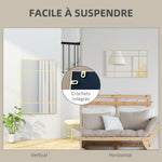 Specchio da parete stile finestra rettangolare, orizzontale o verticale con 4 ganci, in metallo dorato - 90x60 cm