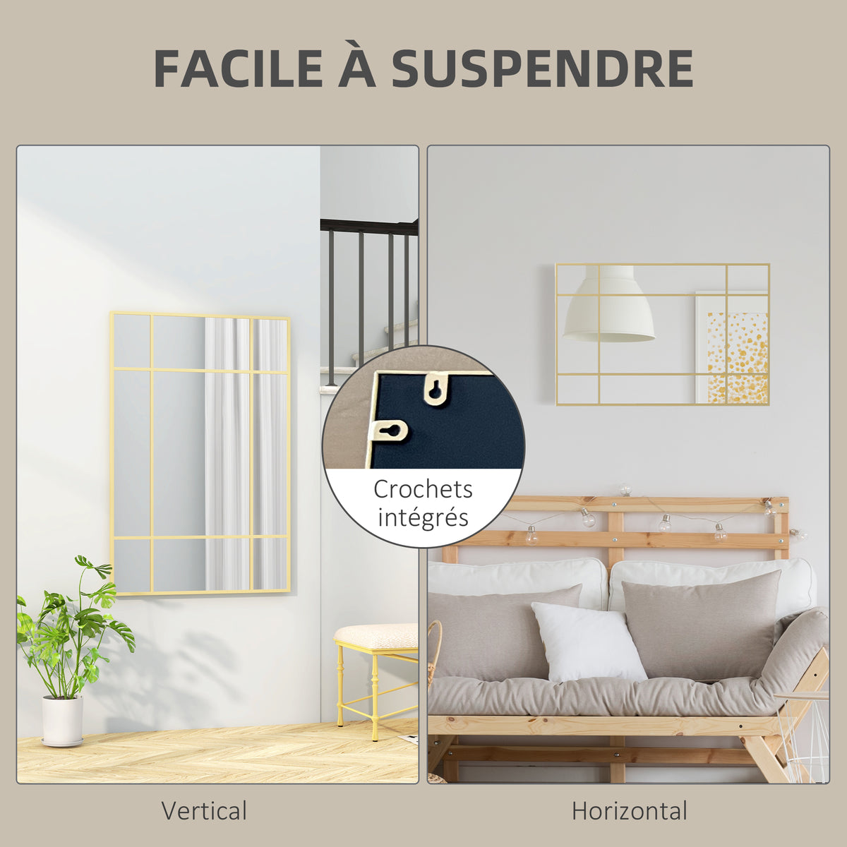Specchio da parete stile finestra rettangolare, orizzontale o verticale con 4 ganci, in metallo dorato - 90x60 cm