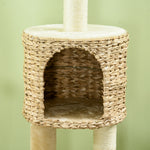 Arbre à chat hauteur 116 cm niche panier plateformes pompons en peluche et jacinthe d'eau - beige