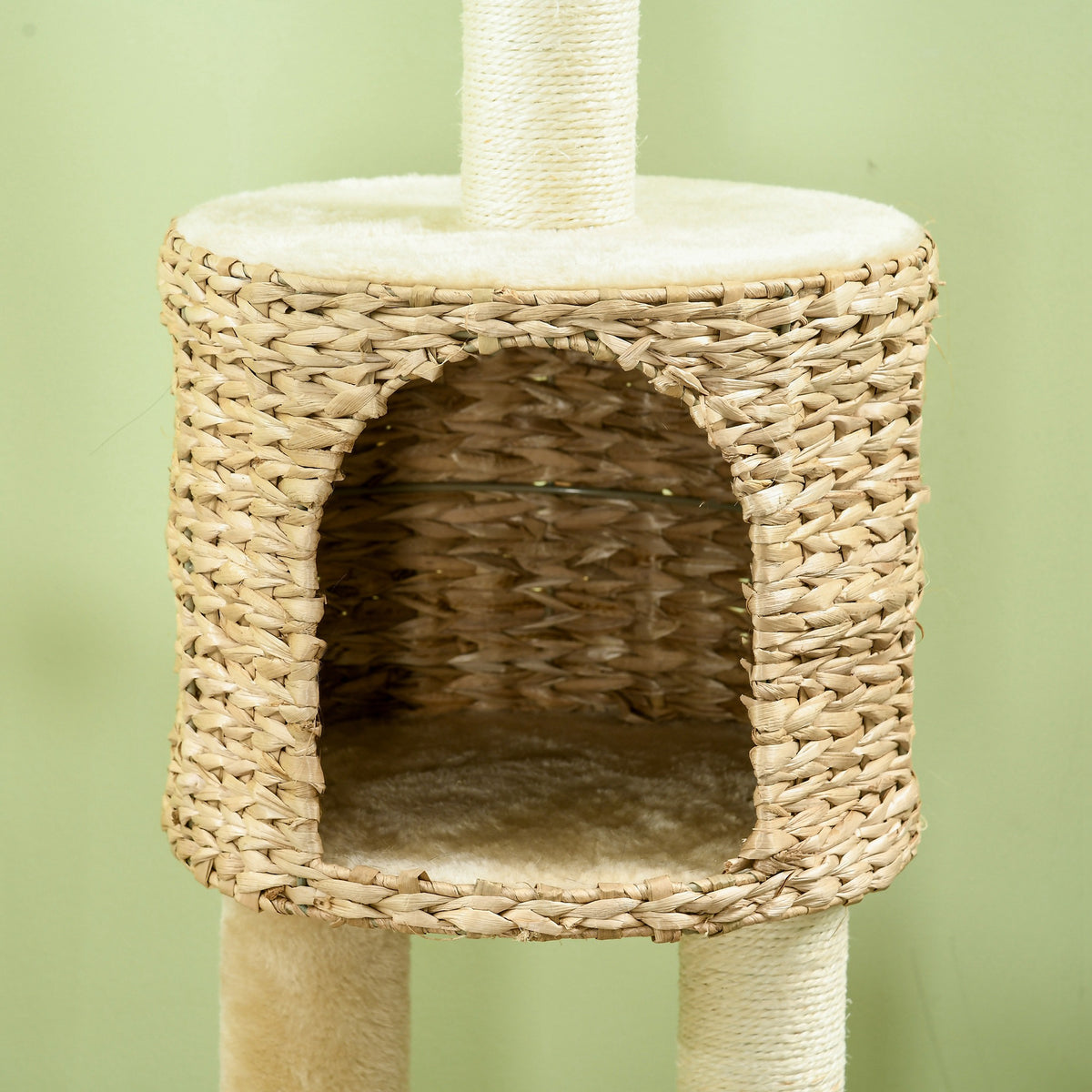 Arbre à chat hauteur 116 cm niche panier plateformes pompons en peluche et jacinthe d'eau - beige