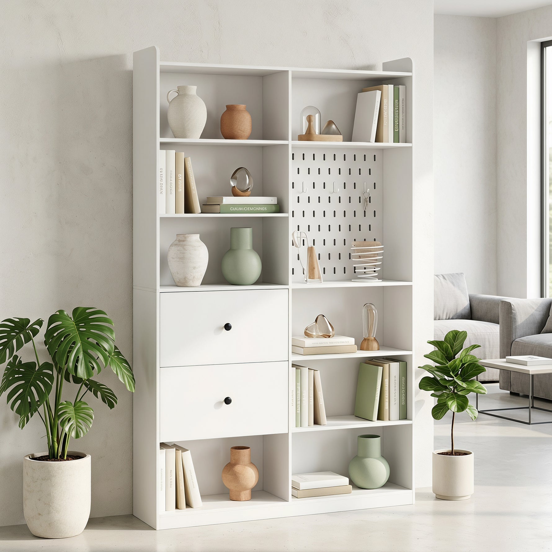 Bibliothèque, Étagère 6 Niveaux, 120 x 30 x 200 cm, Meuble de Rangement avec 2 Tiroirs et Panneau Perforé, Blanc