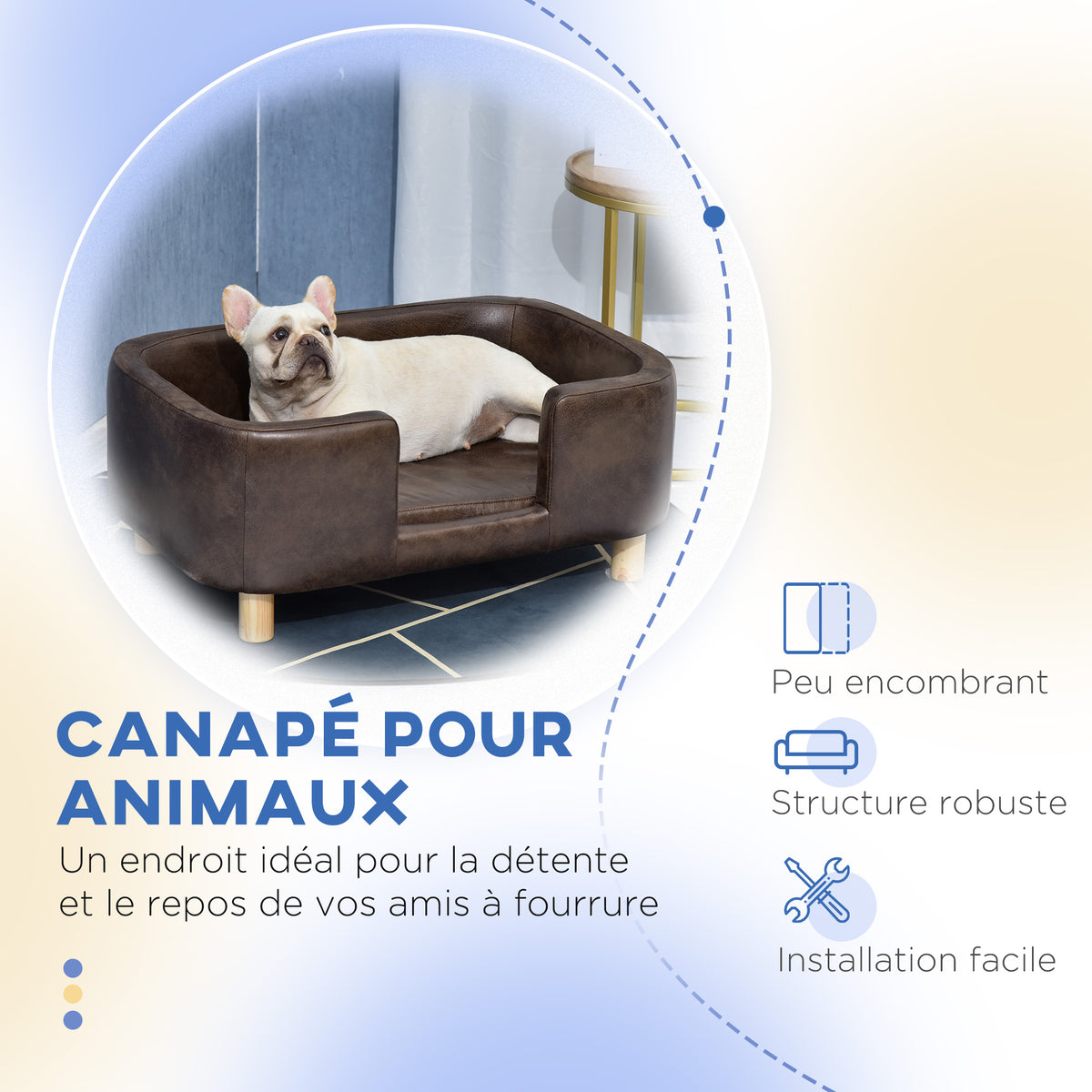 Dog sofa, dog and cat bed with rim, plush cushion, solid wood legs, dim. 74 x 48.5 x 31 cm, chocolate microfiber upholstery