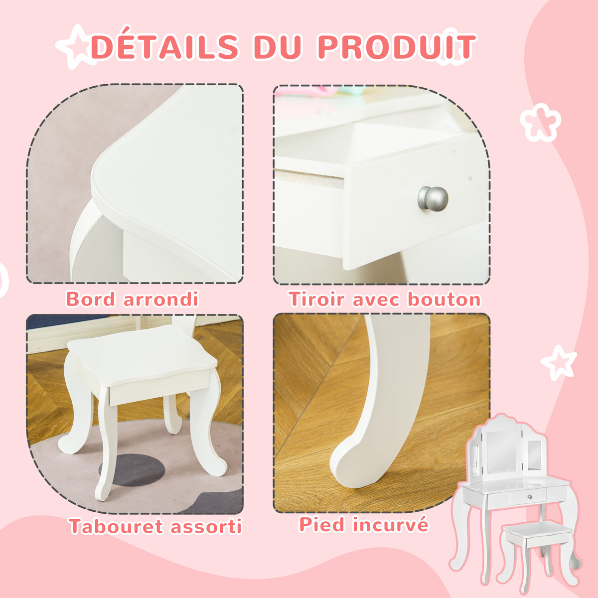 Coiffeuse Enfant avec Tabouret, Coiffeuse Bureau 2 en 1 Miroir triptyque et tiroir Coulissant Blanc Acrylique