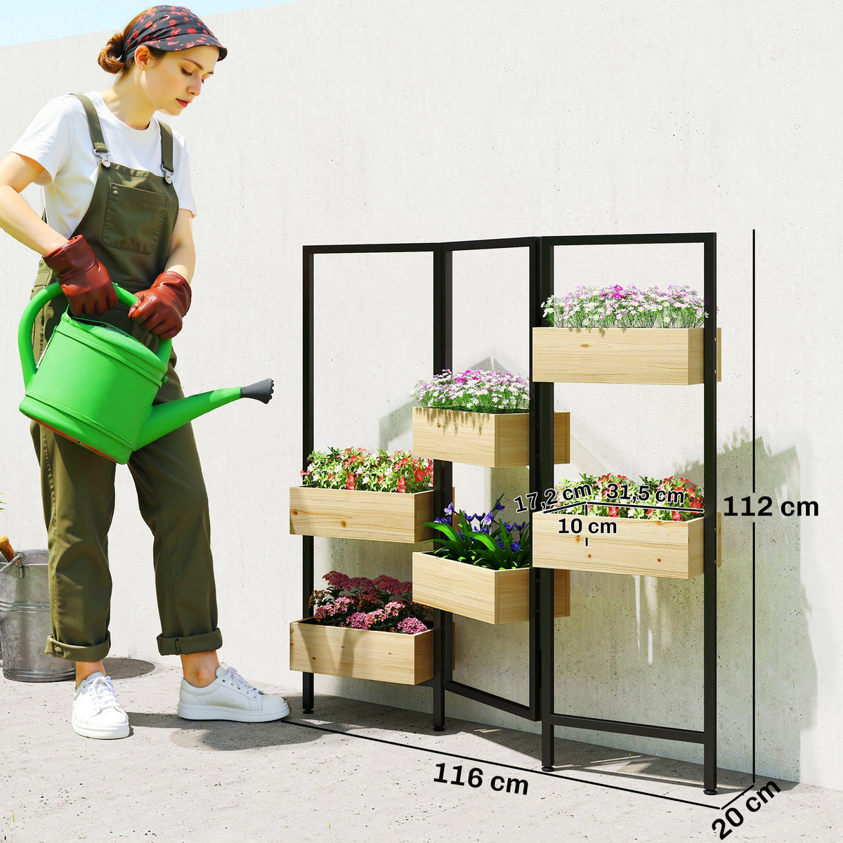 Séparateur de pièce avec 6 bacs, paravent extérieur pliable à 3 panneaux avec trou de drainage et doublure, bois naturel