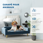 Canapé chien lit pour chien design scandinave coussin moelleux pieds métal doré 94 x 59,5 x 31,5 cm velours soyeux bleu