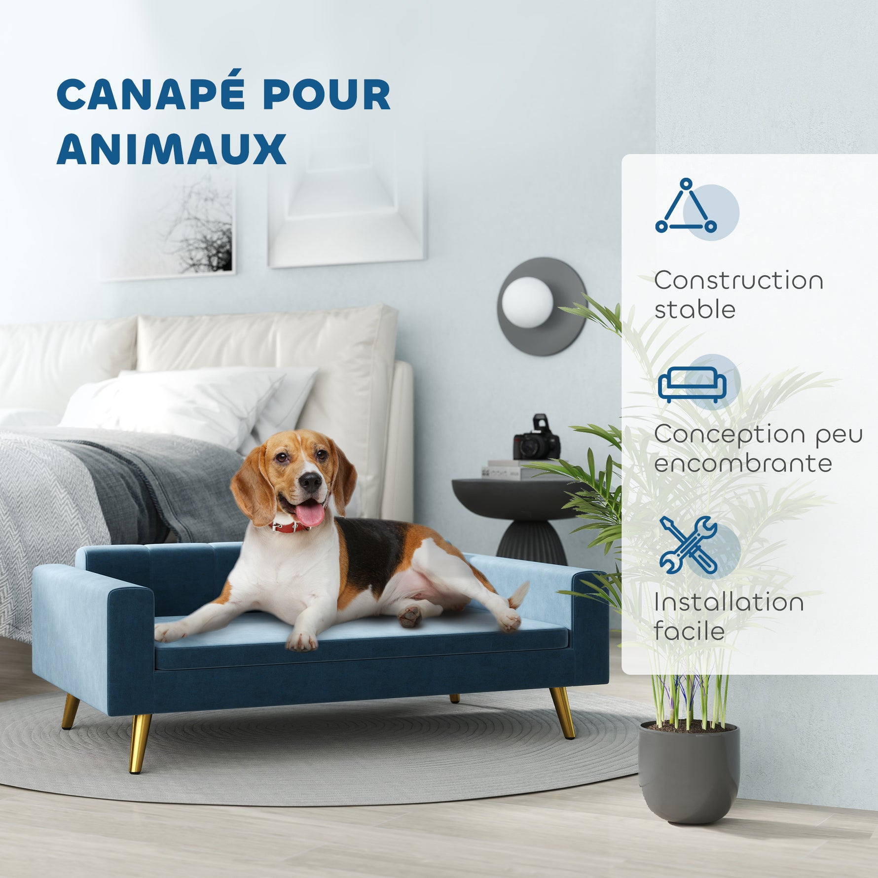 Canapé chien lit pour chien design scandinave coussin moelleux pieds métal doré 94 x 59,5 x 31,5 cm velours soyeux bleu