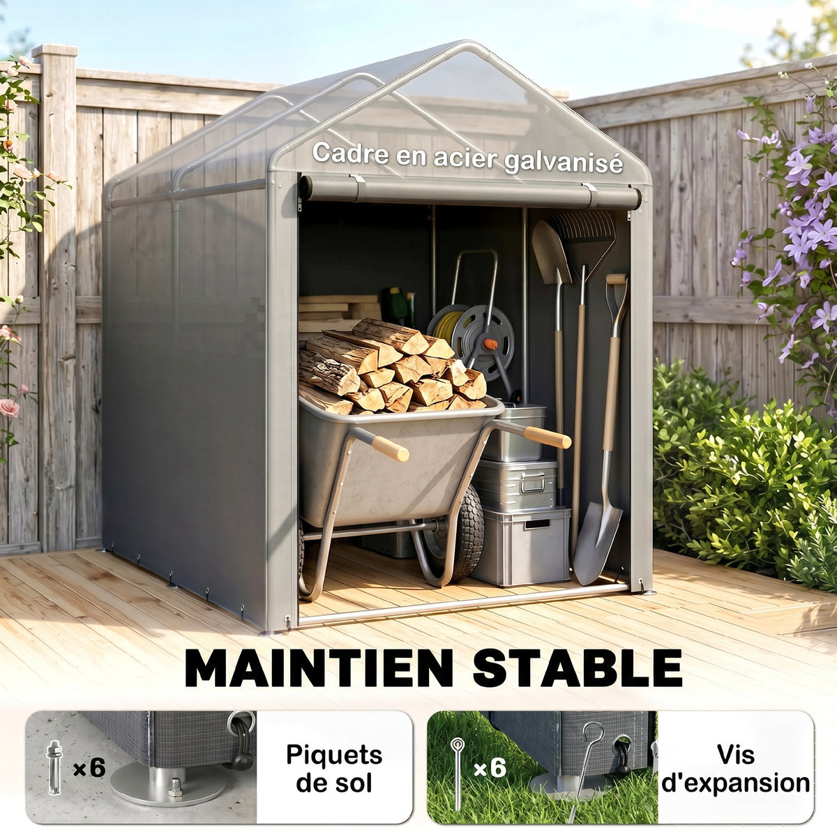 Capanno da giardino impermeabile con 2 scomparti, porta avvolgibile con cerniera, 120x179x165 cm, grigio chiaro