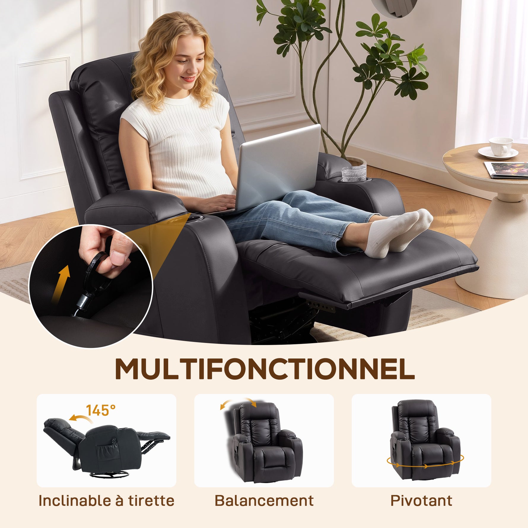 Fauteuil inclinable de massage et chauffage, fauteuil de relaxation, dossier réglable, pivotant 360°, 82x99x103cm, marron