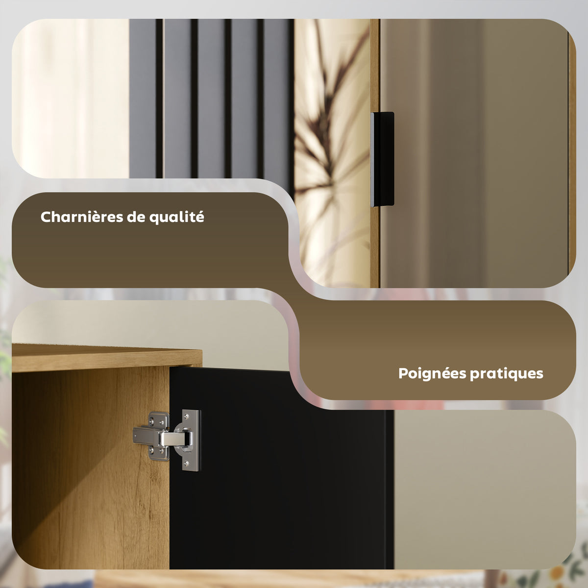 Armoire chambre penderie avec miroir, compartiments ouverts, placard et tringle de suspension, 80 x 30 x 170 cm, naturel