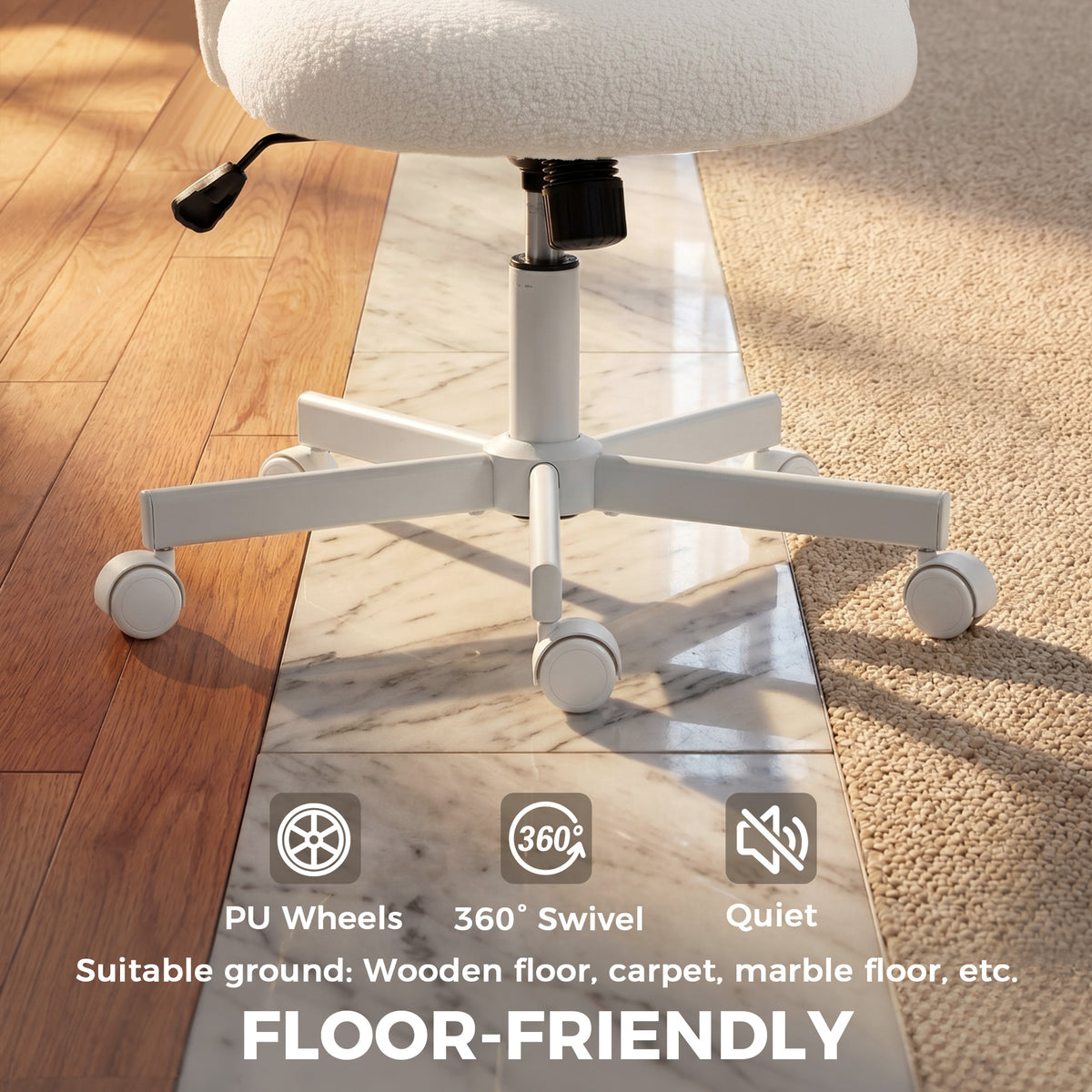 Chaise de Bureau Ergonomique, Fauteuil de Bureau Inclinable en Tissu Bouclette Sans Accoudoirs, Hauteur Réglable, Crème